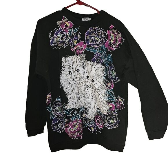 Vintage Black Glitter Kittens Sweatshirt 80s 90s- Tee Dee's, Womens Size Medium - Picture 1 of 12